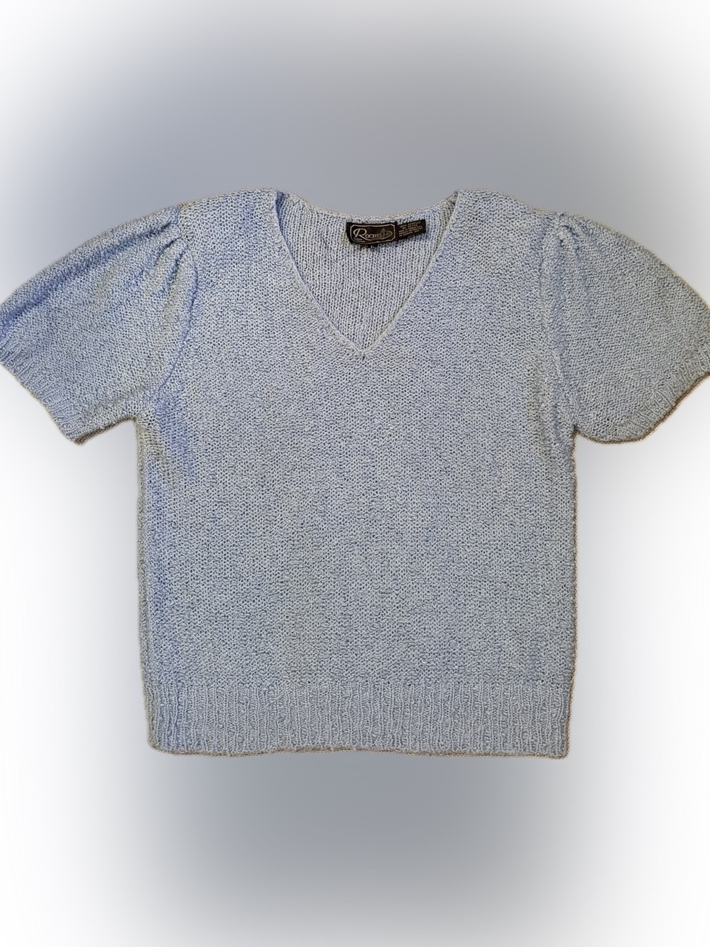 VINTAGE Rochelle Blue Fuzzy Knit Sweater Top Large Short Sleeve 90s